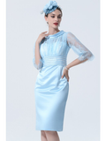 Mother of the Bride Dress See Through Jewel Neck Knee Length Charmeuse Half Sleeve with Lace Sash  Ribbon