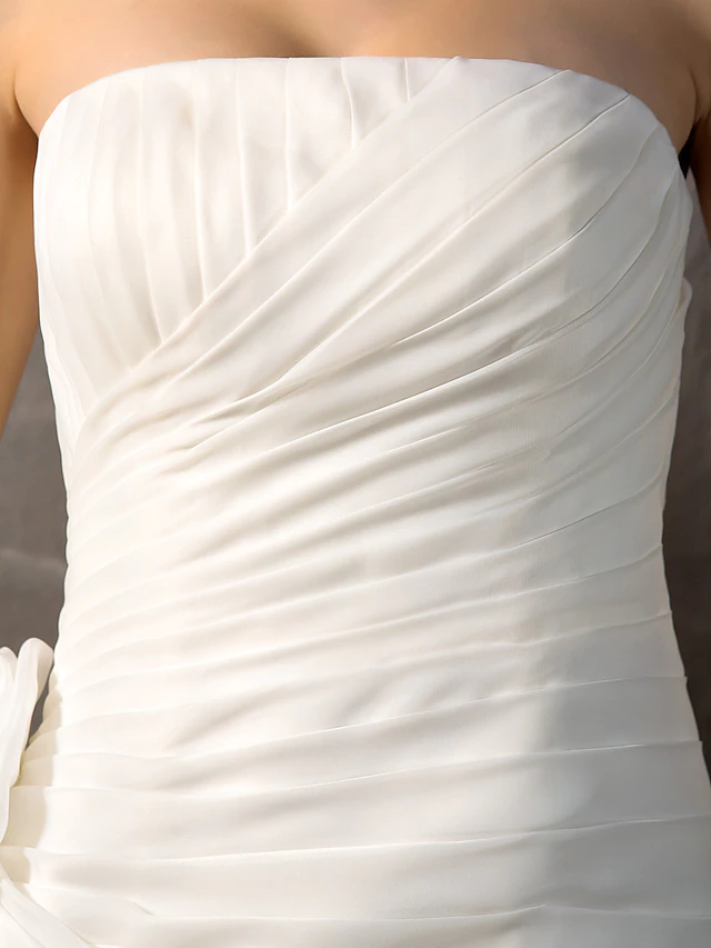Wedding Dresses Strapless Court Train Organza Sleeveless with Flower Cascading Ruffle Side-Draped