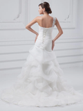 A-Line Wedding Dresses One Shoulder Court Train Organza Satin Spaghetti Strap with Pick Up Skirt Ruched Appliques