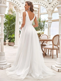 A-Line Wedding Dresses V Neck  Chiffon Lace Tulle Sleeveless Romantic Casual with Lace Ruched Draping