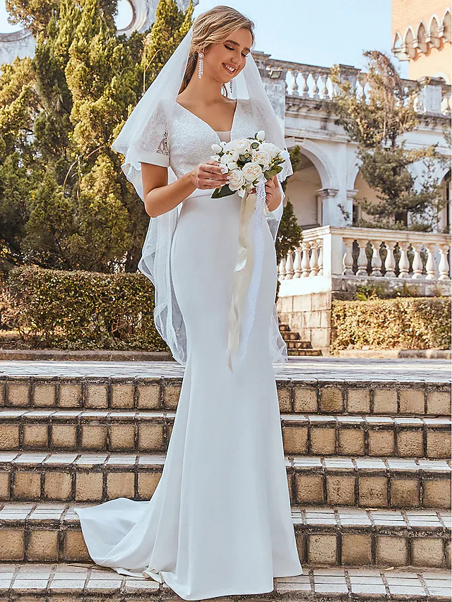 Wedding Dresses V Neck Off Shoulder Floor Length Chiffon Short Sleeve Romantic with Draping