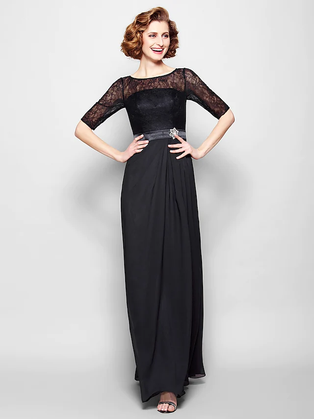 A-Line Mother of the Bride Dress Jewel Neck Floor Length Chiffon Lace Half Sleeve with Lace Sash  Ribbon Crystal Brooch