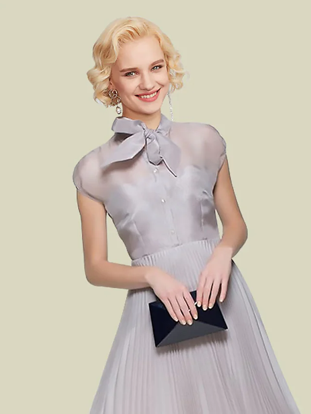 A-Line Mother of the Bride Dress Elegant Jewel Neck Tea Length Organza Short Sleeve with Bow(s) Pleats
