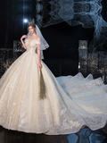Ball Gown Wedding Dresses Off Shoulder Cathedral Train Tulle Lace Over Satin Sleeveless Formal Elegant with Crystals Embroidery