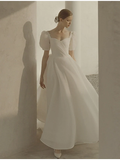 A-Line Wedding Dresses Scoop Neck Ankle Length Organza Short Sleeve Country Simple Little White Dress  with Ruffles