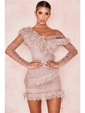 Hot Sexy Homecoming Party Wear Dress One Shoulder Long Sleeve Short  Mini Tulle with Lace Insert