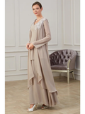A-Line Mother of the Bride Dress Elegant Jewel Neck Floor Length Polyester Long Sleeve with Appliques