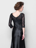 Mother of the Bride Dress See Through Jewel Neck Floor Length Stretch Satin Lace Over Satin  Length Sleeve with Lace Ruched Side Draping