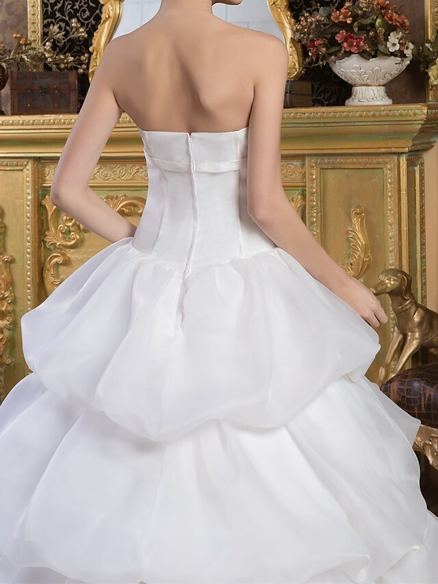 Ball Gown Wedding Dresses Strapless Court Train Organza Satin Strapless with Pick Up Skirt Bow(s)