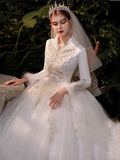 Princess Ball Gown Wedding Dresses V Neck Floor Length Lace Tulle Long Sleeve Romantic Sparkle & Shine with Appliques