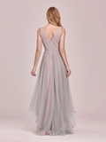 V Neck Asymmetrical Tulle Bridesmaid Dress with Appliques