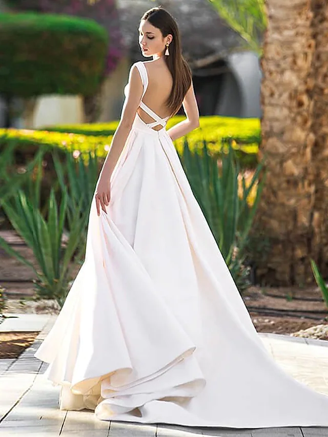 A-Line Wedding Dresses Bateau Neck Court Train Polyester Cap Sleeve Beautiful Back