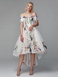 Ball Gown Elegant Floral High Low Cocktail Party Prom Valentine's Day Dress Off Shoulder Short Sleeve Asymmetrical Polyester with Embroidery