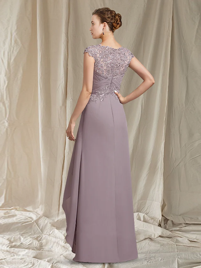 A-Line Mother of the Bride Dress Elegant Jewel Neck Asymmetrical Floor