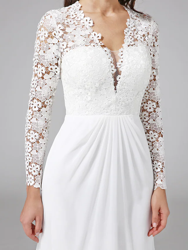 Wedding Dresses V NeckChiffon Floral Lace Long Sleeve Romantic Boho Illusion Sleeve with Lace Button