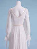 Wedding Dresses V Neck Court Train Chiffon Long Sleeve with Beading