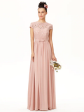 A-Line Jewel Neck Floor Length Chiffon  Corded Lace Bridesmaid Dress with Sash  Ribbon  Bow(s)  Pleats