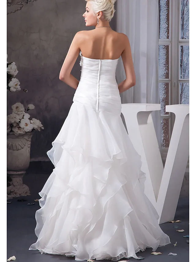 A-Line Wedding Dresses Sweetheart Neckline Floor Length Lace Organza Satin Strapless with Ruched Appliques Cascading Ruffles