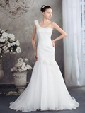 Wedding Dresses One Shoulder Court Train Organza Spaghetti Strap with Ruched Appliques