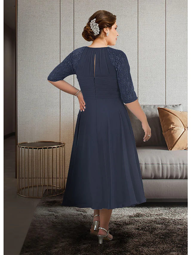 A-Line Mother of the Bride Dress Plus Size Elegant Jewel Neck Tea Length Chiffon Lace Half Sleeve with Pleats Appliques Ruching
