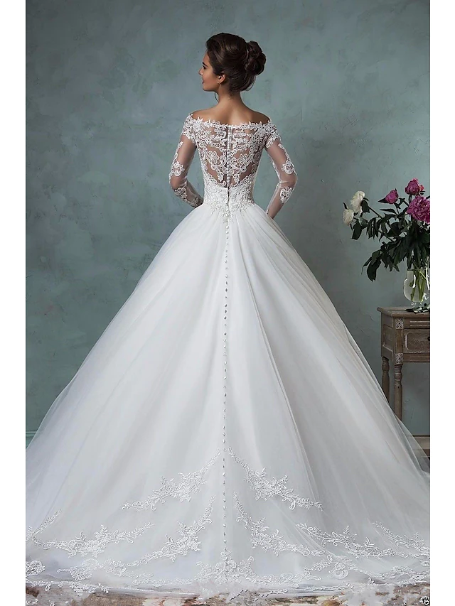 A-Line Short Puff Sleeves Off Shoulder Appliqued Lace Court Train Wedding Dress