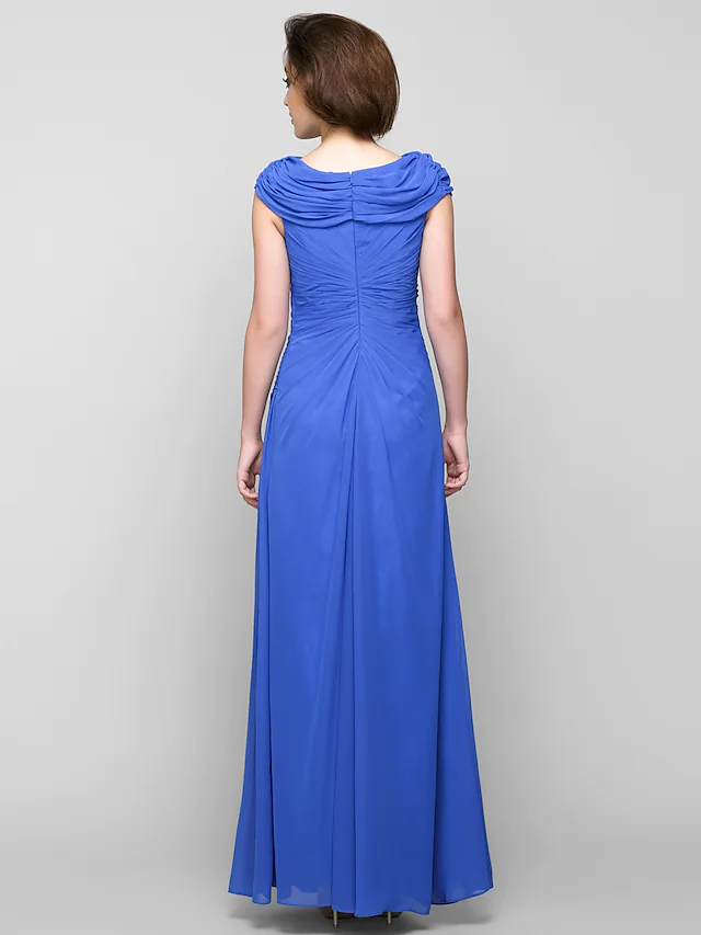 A-Line Mother of the Bride Dress Elegant Cowl Neck Ankle Length Chiffon Sleeveless with Criss Cross Appliques