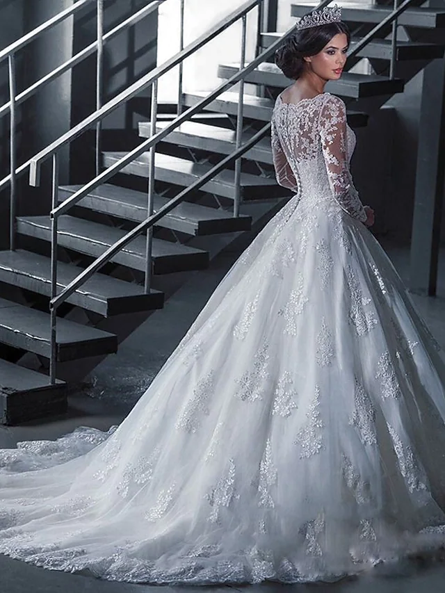 A-Line Wedding Dresses Off Shoulder Court Train Lace Tulle Long Sleeve Formal Sexy Illusion Sleeve with Appliques