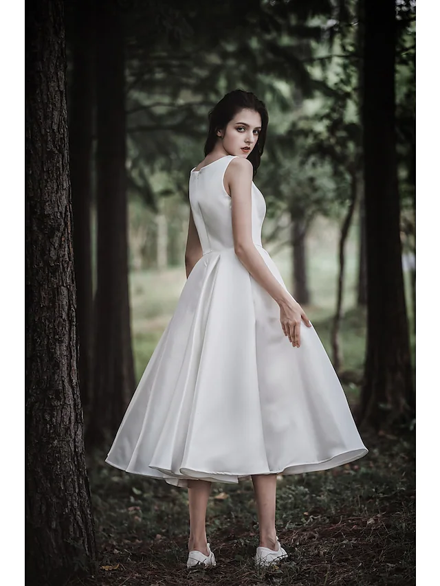 A-Line Wedding Dresses Jewel Neck Tea Length Chiffon Over Satin Cap Sleeve Simple Casual Little White Dress