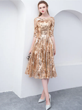 A-Line Elegant Sparkle & Shine Holiday Cocktail Party Dress Jewel Neck Half Sleeve Tea Length Sequined with