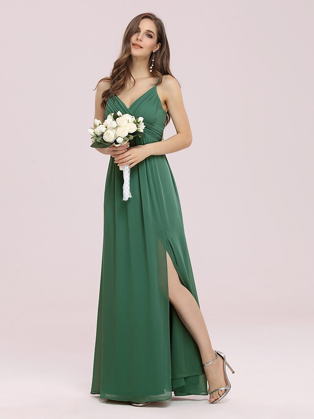 A-Line V Neck Floor Length Chiffon Bridesmaid Dress with Ruching