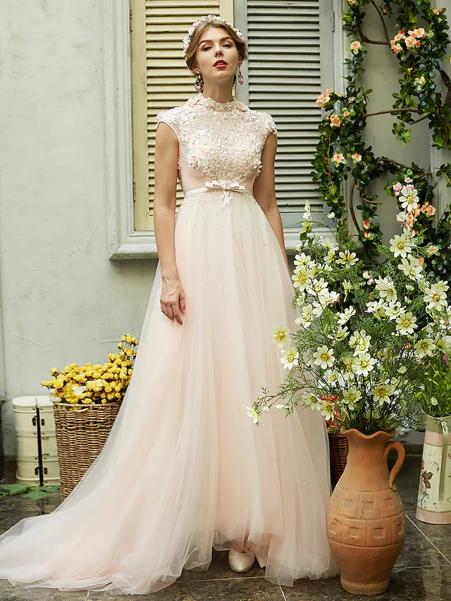 A-Line Wedding Dresses High Neck Sweep  Brush Train Tulle Short Sleeve Open Back with Bowknot Sash  Ribbon Beading