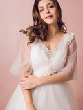 A-Line Wedding Dresses V Neck Floor Length Lace Satin Tulle Half Sleeve Formal Plus Size with Pearls Beading Appliques