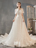 Princess A-Line Wedding Dresses Jewel Neck Court Train Lace Tulle Short Sleeve Romantic with Bow(s) Beading Appliques