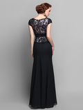 Mother of the Bride Dress Vintage Inspired V Neck Floor Length Chiffon Lace Short Sleeve with Ruched Beading