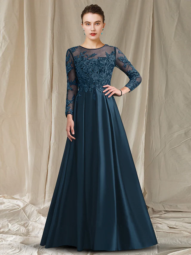 A-Line Mother of the Bride Dress Elegant Jewel Neck Tea Length Lace Sa ...