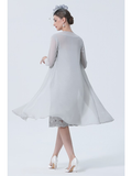 Two Piece Mother of the Bride Dress Plus Size Vintage Sexy Jewel Neck Tea Length Chiffon 3/4 Length Sleeve with Lace