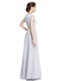 Mother of the Bride Dress Jewel Neck Floor Length Chiffon Short Sleeve with Beading Sequin