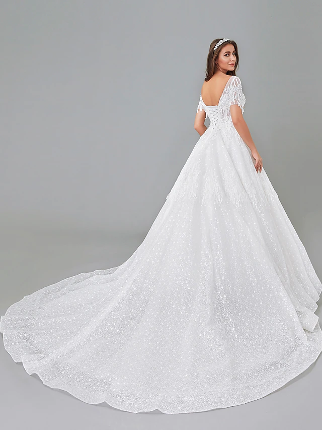 A-Line Wedding Dresses Bateau Neck Court Train Lace Satin Tulle Short Sleeve See-Through with Lace Insert Appliques
