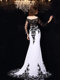 Wedding Dresses Bateau Neck Lace Tulle Lace Over Satin Long Sleeve Sexy Black Illusion Sleeve with Appliques