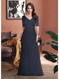 Mother of the Bride Dress Elegant V Neck  Chiffon Lace Half Sleeve with Appliques Ruching