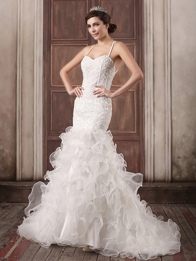 Wedding Dresses Sweetheart Neckline Court Train Lace Organza Satin Spaghetti Strap Sexy Illusion Detail Backless with Beading Appliques Cascading Ruffles