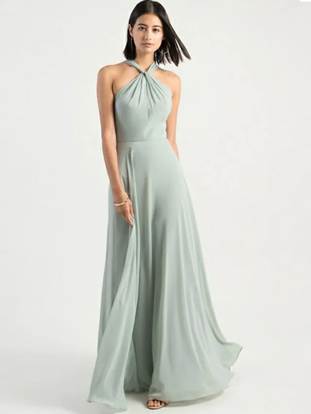 Halter Crisscross Pleated Bridesmaid Dress Blue Chiffon Sleeveless Maid of Honor Dress main image 1