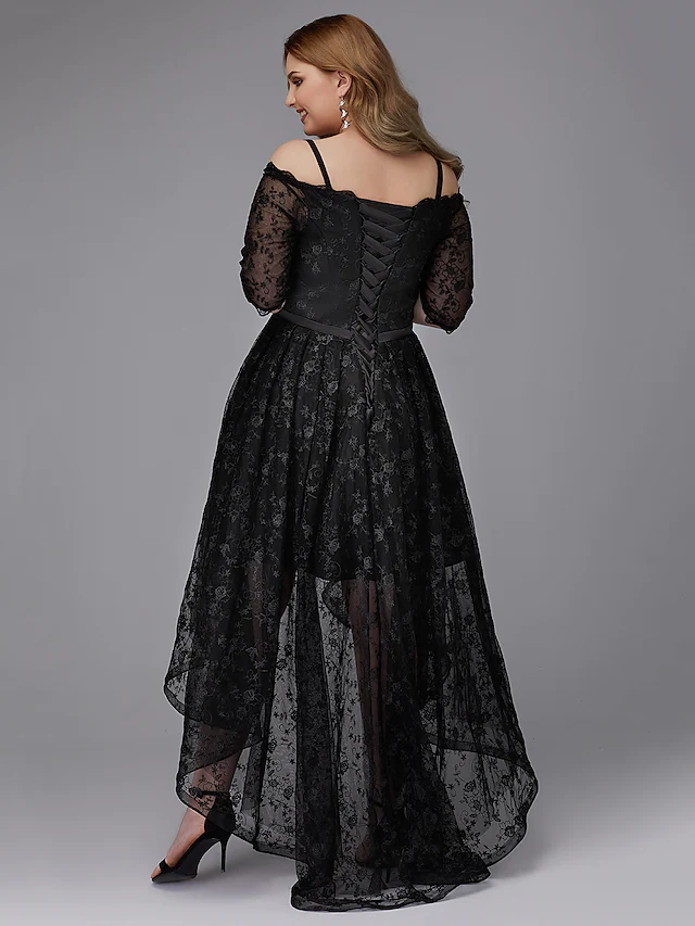 A-Line Plus Size Cocktail Party Prom Dress Spaghetti Strap Half Sleeve Asymmetrical Lace with Pleats Lace Insert