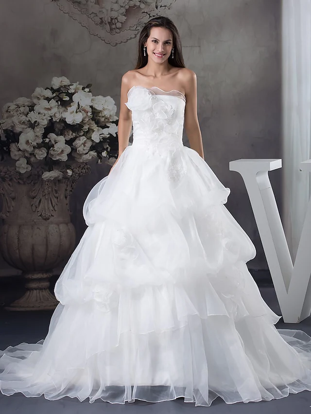 A-Line Wedding Dresses Strapless Chapel Train Organza Satin Strapless with Pick Up Skirt