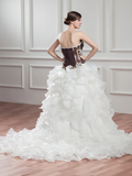 A-Line Wedding Dresses Strapless Chapel Train Lace Organza Satin Strapless with Beading Appliques Cascading Ruffles