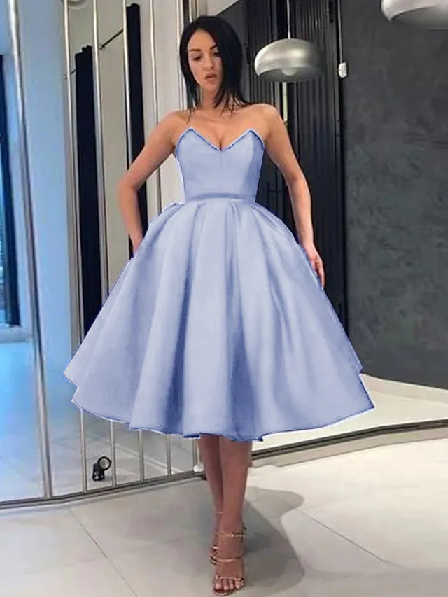 A-Line Minimalist Elegant Party Wear Cocktail Party Dress Strapless Sleeveless Knee Length Satin with Sleek