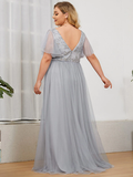 A-Line Plunging Neck Floor Length Tulle Sequined Plus Size Bridesmaid Dress with Sequin