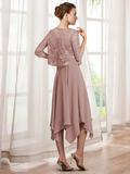 Two Piece A-Line Mother of the Bride Dress Elegant Jewel Neck Tea Length Chiffon Lace Half Sleeve with Sash  Ribbon