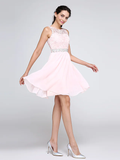 A-Line Hot Graduation Cocktail Party Dress Illusion Neck Sleeveless Short  Mini Chiffon Corded Lace with Crystals