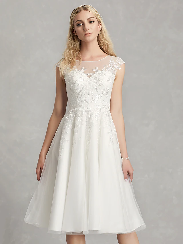 A-Line Wedding Dresses Jewel Neck Tea Length Lace Tulle Cap Sleeve Beautiful Back with Appliques